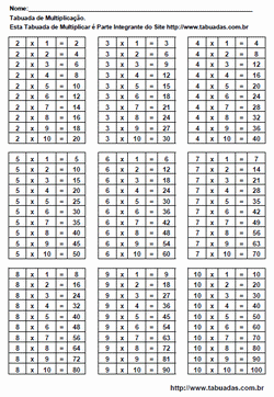 Tabuada de multiplicação para imprimir grande em PDF