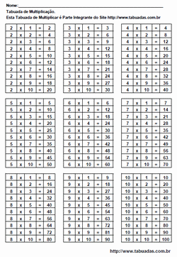 Tabuada para Completar Da Multiplicação PDF - Formato A4